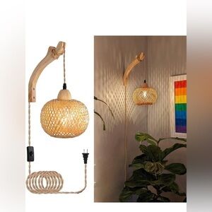 New Bamboo Lantern Wall Sconce Wicker Lamp Woven Rattan Farmhouse Rustic Boho
